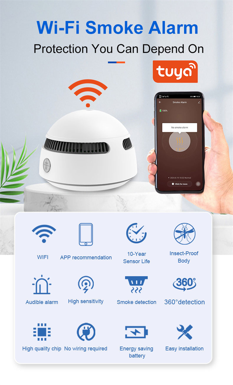 2025 New Tuya  Wifi  Zigbee 10 Year Battery  Life  Smoke Alarm & Fire Alarm Detector